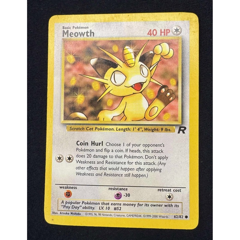Pokemon Team rocket Meowth Card 62/82 Base Set‎ R Rare
